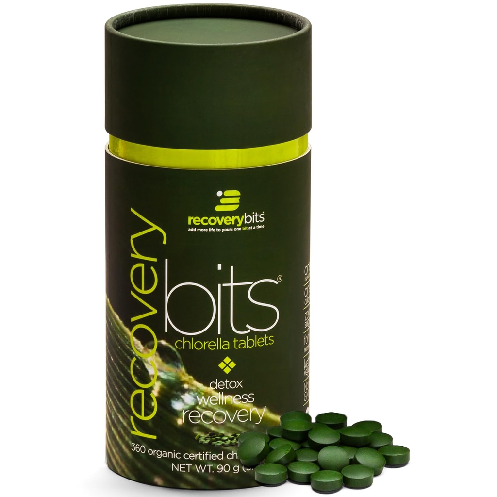 RECOVERYbits - Comprimidos de chlorela orgânica - Superalimento de algas com base em plantas - Clorofila - Parede celular rachada - Energia - Sistema imunológico - Detox - Keto - Vegan - Não-GMO - Pequeno cilindro - 360 Comprimidos