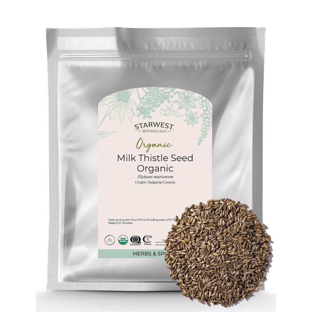 Starwest Botânicos Leite Orgânico Cardo de semente inteira - Loose Leaf Milk Thistle para chá e cozimento, Misture em suco, Adicionar a smoothies, Aveia, & Yogurt, Certificado Kosher, Não-GMO - Bulk 1 lb Bag