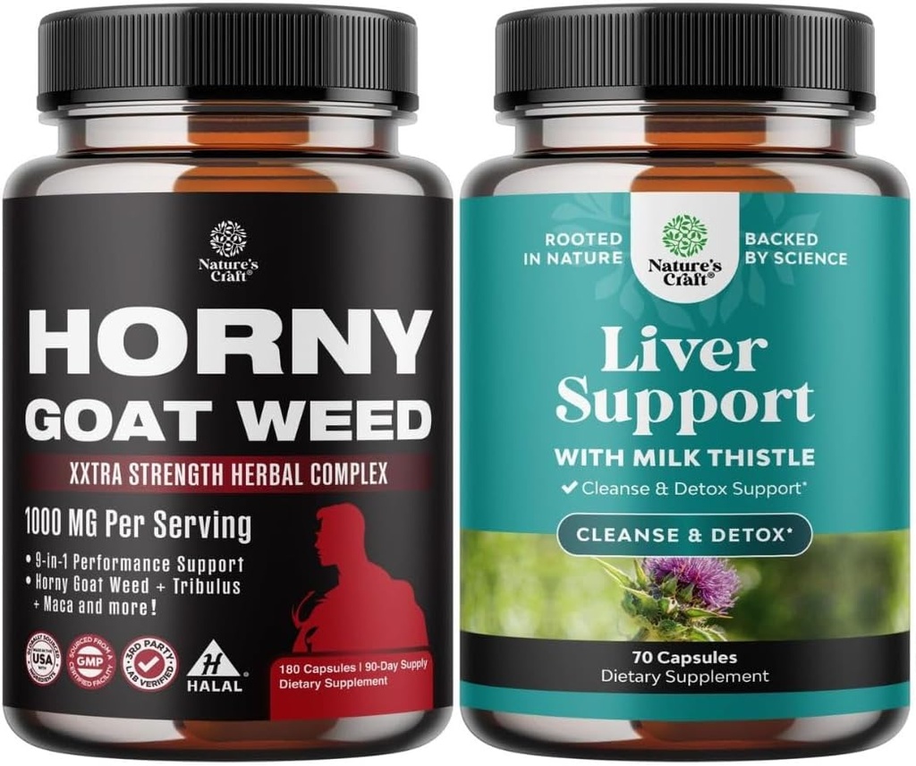 Pacote de Erva de Cabra Horny para homens - Suplemento masculino de força extra para resistência e energia e fígado limpar detox e reparação - Lodo de leite de silymarin com extrato de alcachofra de colza de raiz de Dandelion