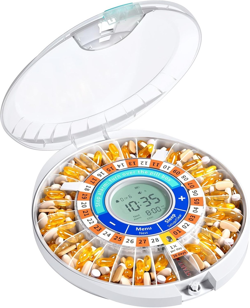Dispensador automático de comprimidos Daviky para idosos com alarme, caixa de pílulas de 28 dias, lembretes de som e luz para medicamentos, vitaminas e suplementos (laranja)