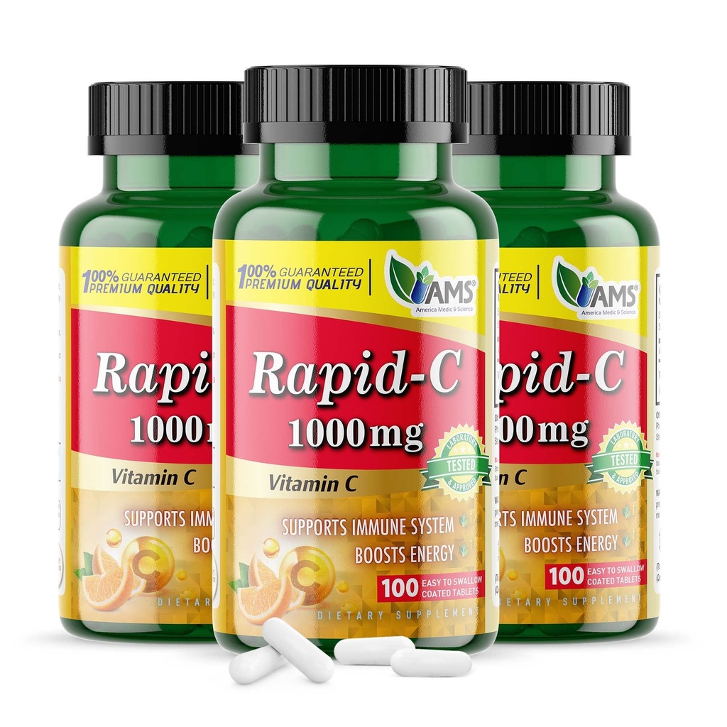 América Medic & Science Rapid-C 1000mg Suplemento de vitamina C (3 pacote de 100 comprimidos) Fortalecedor de energia, Suporte diário do sistema imunológico, Antioxidante Vegan, Ácido ascórbico revestido não-GMO para homens adultos e mulheres
