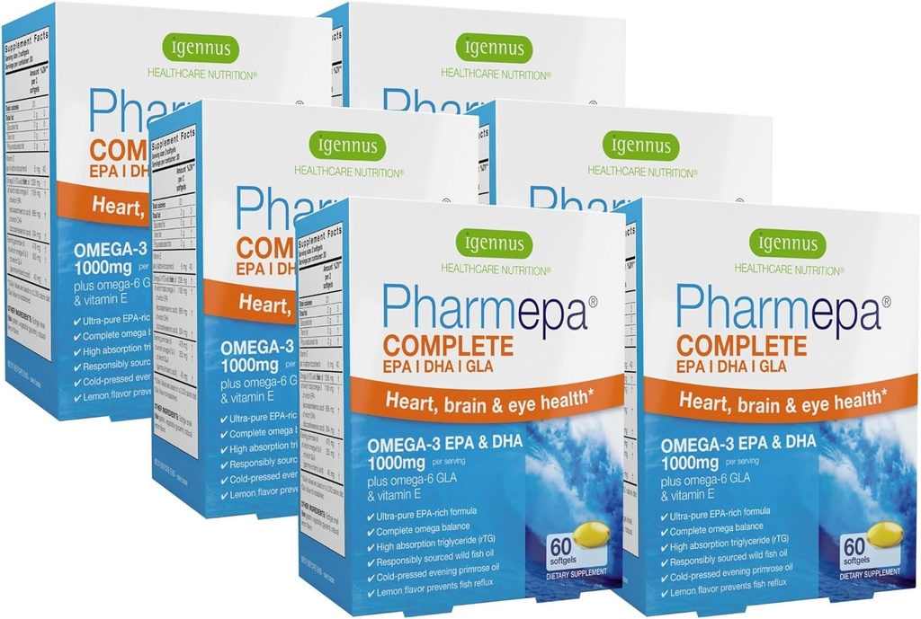 Igennus Pharmepa Complete EPA 668mg & DHA 334mg Ácidos gordos Omega-3 1000mg, IFOS certificado, rTG Form, óleo de peixe de alta potência mais Omega-6 & 9 de GLA Evening Primrose Oil, limão Flavor, 360 Softgels