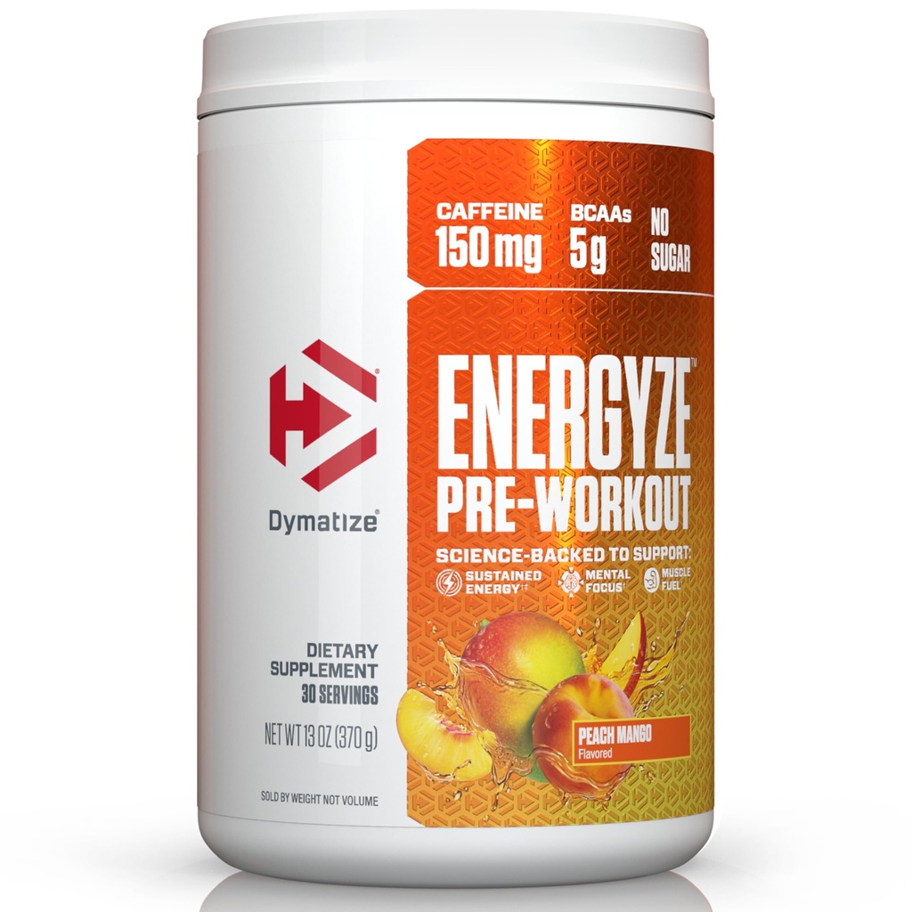 Dymatize Energyze Pré-treino em pó para homens e mulheres, Mango de pêssego, 150mg Cafeína, 5g BCAAs, Mistura de desempenho de L-Teanina, L-Tirosina, L-Citrulina, Sem açúcar (30 Servões)