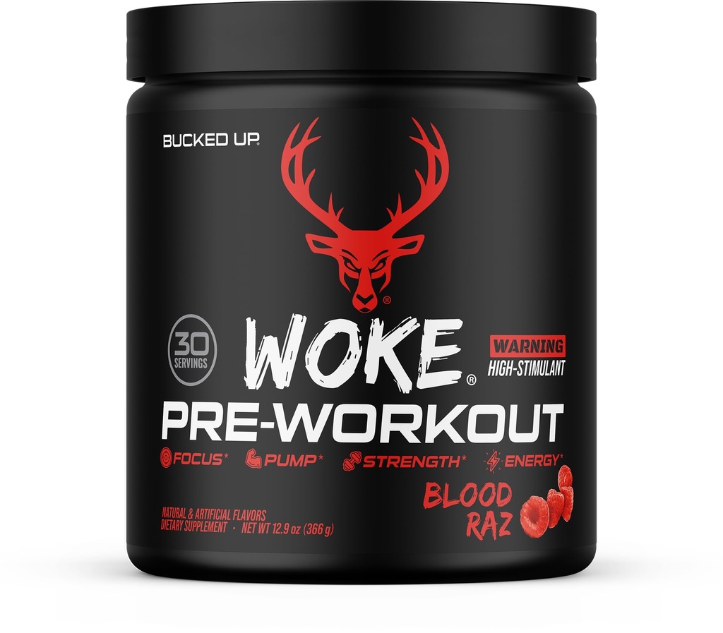 Bucked Up - Wake - High STIM Pré-treino - Melhor Degustação - Foco Nootrópico, Bomba, Força e Crescimento, 30 Servings (Blood Raz)