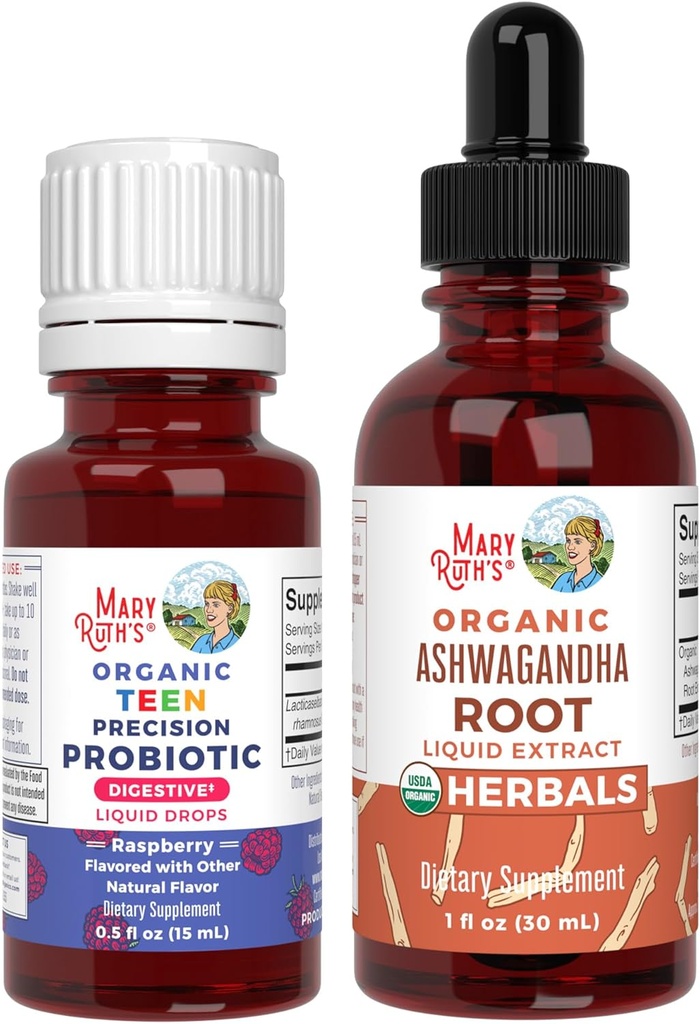 MaryRuth Organics Precision Probiótico Drops para adolescentes (Raspberry) & Ashwagandha Drops □ USDA Orgânico □ Vitaminas para Gut Saúde, Relaxação, & Global Wellness