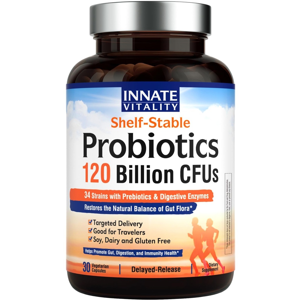 Vitalidade inata Probióticos 120 bilhões de UFCs para homens e mulheres, 34 Strains com Prebióticos & Enzimas Digestivas, Imune & Saúde Digestiva, Libertação tardia, prateleira estável, 30 Cápsulas Vegan