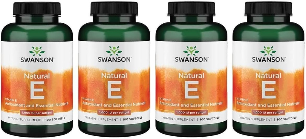 Swanson Vitamina E - Suplemento Vitamina Natural Promovendo a Saúde Cardiovascular - Fórmula Natural Entregando Tocoferóis essenciais D-Alpha - (100 Softgels, 1000 UI cada) (4 Pack)