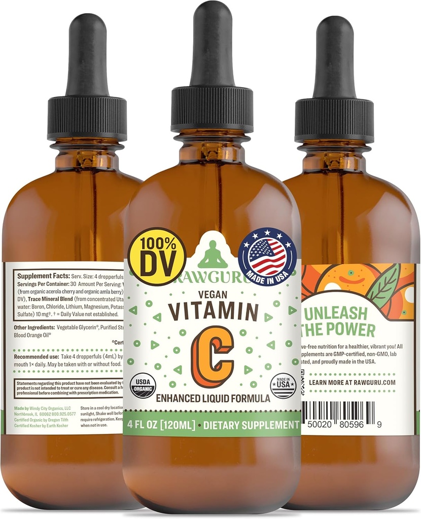 Tritura de Vitamina C Orgânica RawGuru - Vitamina C Líquida com Trace Minerals - Antioxidante e Imune Processed Nano-Processed Suporte Suplemento Tintura - 30 Servings of Vegan Drops por 120 ml, Pacote de 1