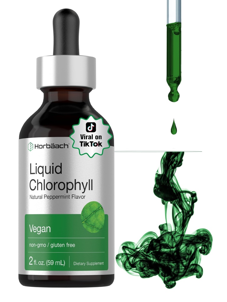 Horbäach Liquid Chlorophyll Drops 2 onças Vegan, Non-GMO, and Gluten Free Formula □ Natural Pimenta sabor