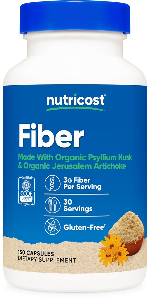 Cápsulas de fibra de nutricosto com Prebiótico Suplemento de Fibra 150 Cápsulas - Suplemento Certificado CCOF, Feito com Psyllium orgânico Husk e Alcachofra de Jerusalém Orgânica, sem glúten, 3 G por serviço
