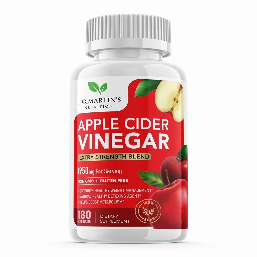 Pure 1950mg Apple Cider Vinagre Supplement . 180 Cápsulas . Sem gosto amargo .Pills for Healthy Metabolism, Bloating & Energy . Detox & Digestion Support .