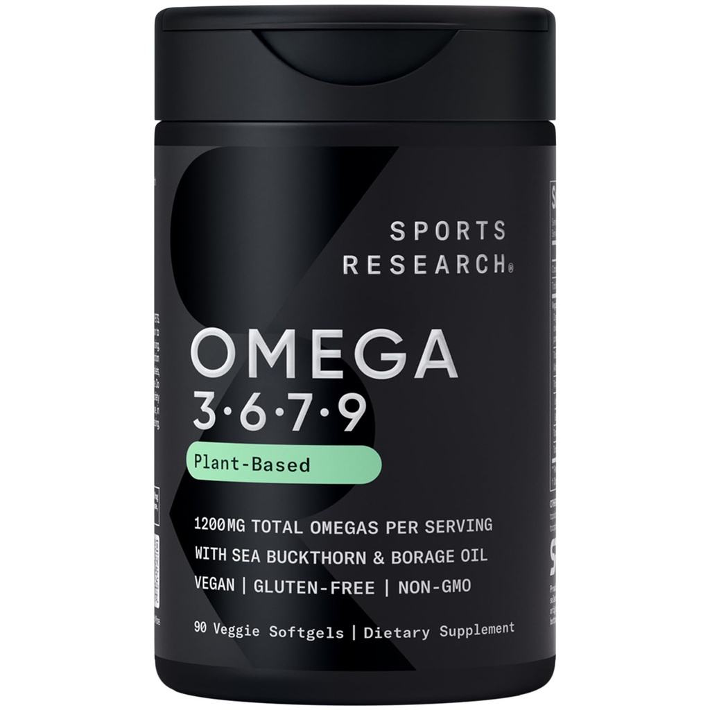 Sports Research® Vegan Omega 3-6-7-9 - 1200 mg de Multi-Spectrum Omega Fatty Acids Certified Non-GMO Fórmula com Sea Buckthorn & Borage Oil - 90 Veggie Softgels