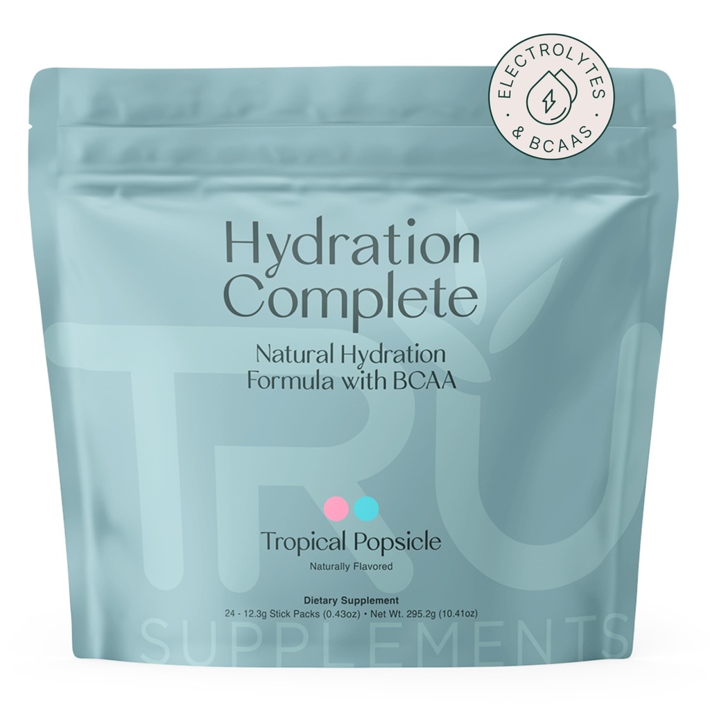 Suplementos TRU Hidratação completa BCAA, Aminoácidos à base de plantas + sal rosa do Himalaia, Eletrólitos & L-Carnitina, Vegan, Calorias Zero, Sem adoçantes artificiais, 24 Servões, Popsicle tropical