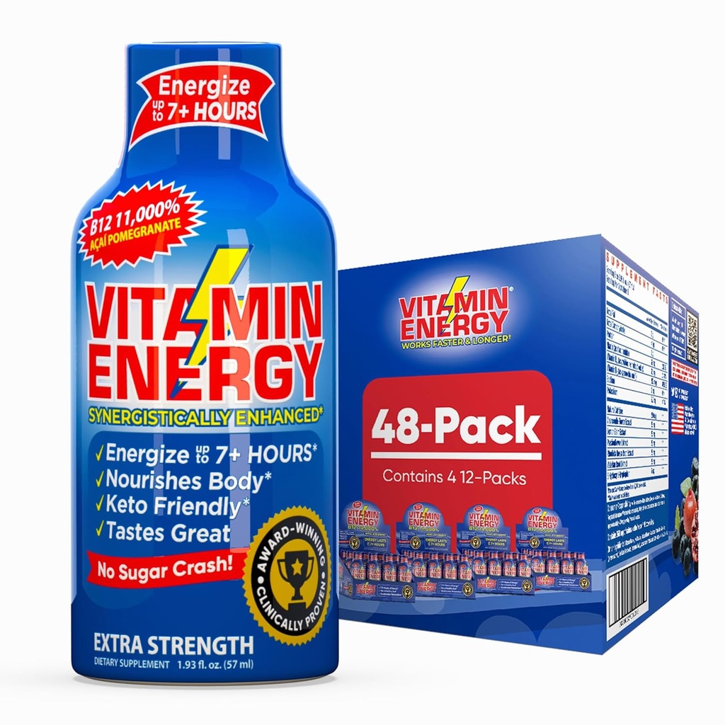 Vitamina Energia B12 11,000% Força extra Energia Shot Açaí Romã 48 Pack, 260mg Cafeína Natural, B12 & B6, Foco Nootrópico, Vitalidade, Açúcar Zero, Sem glúten, Vegan, Kosher, 1,93 fl oz