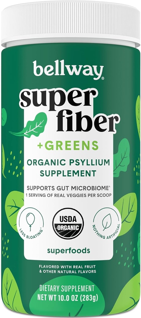 Bellway Super Fibra + Verdes Pó, Psyllium livre de açúcar Husk fibra Suplemento Pó com Super Verdes (30 Servões)
