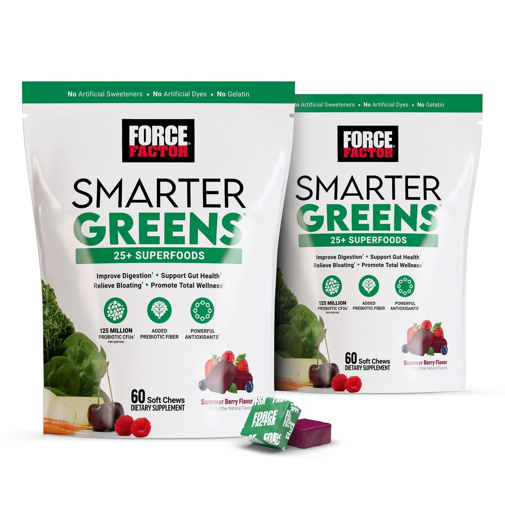 FORCE FACTOR Verdes mais inteligentes Superfood Chews, 2-Pack, Greens e Superfoods com Probióticos, Antioxidantes e Fibra, Greens Suplemento para apoiar Digestion, Óxido nítrico e Energia, 120 mastigações suaves