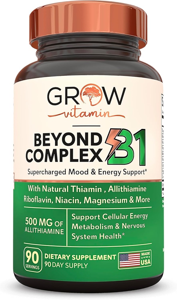 Crescer vitamina Além do Complexo B1 - Suplemento de vitamina B1 natural de Allithiamina com vitamina B essencial, tiamina, niacina, biotina, magnésio e mais - Suporta energia, humor e sistema nervoso - 90 Cápsulas