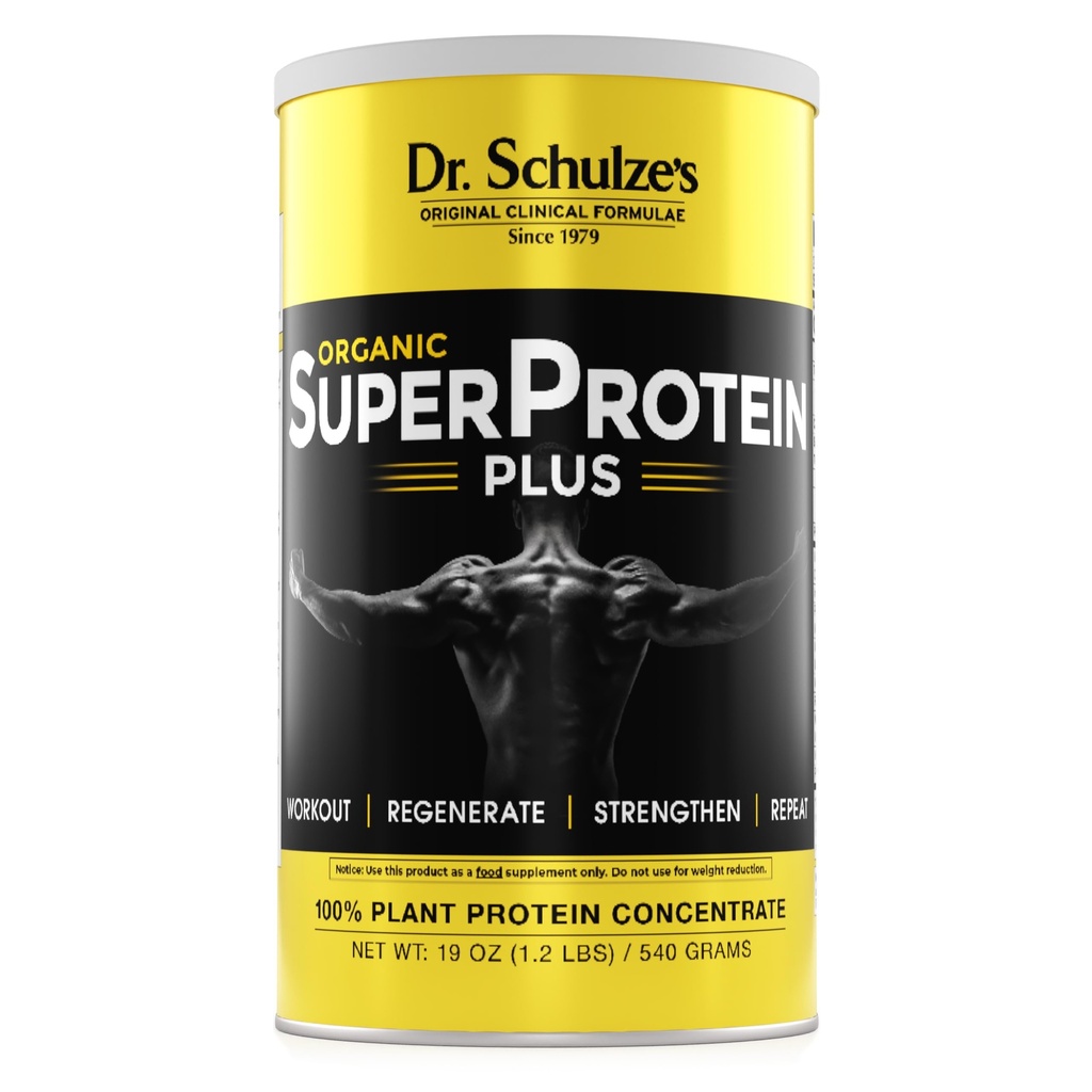 Dr. Schulze's SuperProtein Plus 100% Concentrado de proteína vegetal ou mistura orgânica de pó , vitamina B-12 e espirulina , suplemento dietético , construir músculo forte , melhorar a recuperação do treino , 19 Oz.