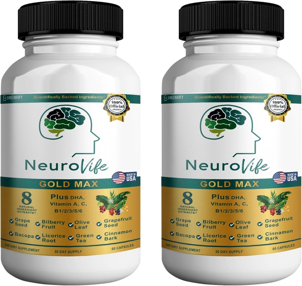 NeuroVife Gold Max Suplemento de suporte ao cérebro 8 Extratos Naturais com DHA, Vitaminas A, C, B Complexo 60 Cápsulas Vegetais