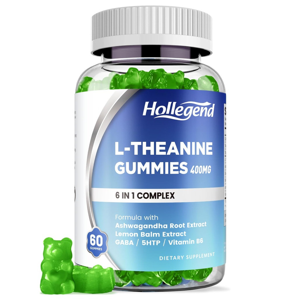 L-Theanina Gummies, l'theanina 400mg com Ashwagandha, GABA, 5HTP,L-Theanina Chewable Suplemento para Relaxar, Zzz & Focus Support, Vegan, Lemon Flavor, 60 Condes