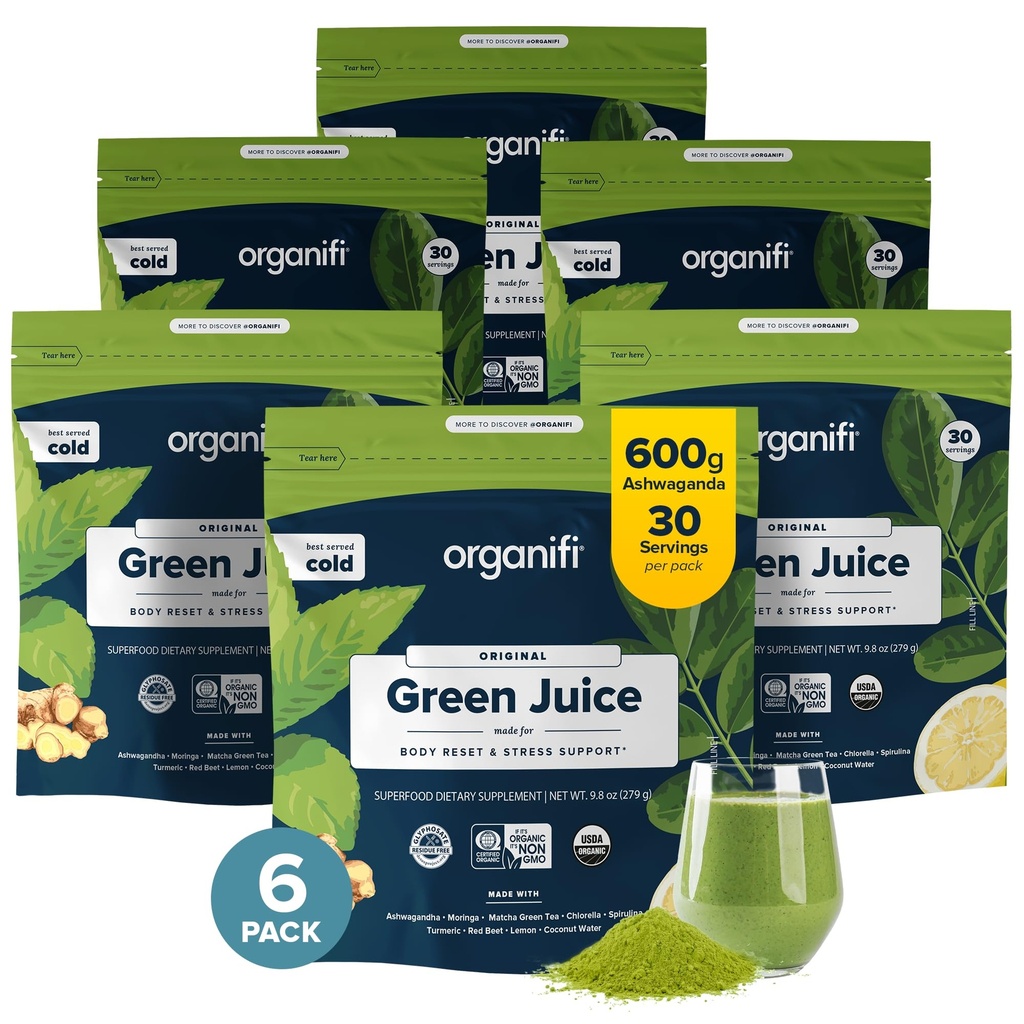 Organifi Green Juice - Orgânico Superalimento Pó - 180-Dia de Abastecimento - Orgânico Vegan Verdes - Ajuda a diminuir o Cortisol - Proporciona uma melhor resposta ao estresse - Suporta controle de peso - Bem-estar corporal total
