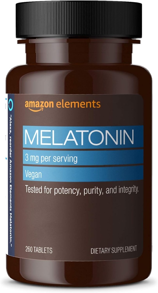 Elementos Melatonina 3mg, Ajuda com ocasional insônia, Vegan, Sem sabor, 260 Comprimidos, fornecimento de 8 meses (Pacote pode variar)