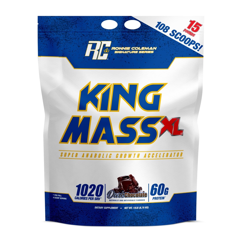 Ronnie Coleman assinatura série King massa XL massa Gainer proteína pó, músculo Gainer, 60g proteína, 180g carboidratos, 1.000+ calorias, creatina e glutamina, chocolate escuro, 15 libras