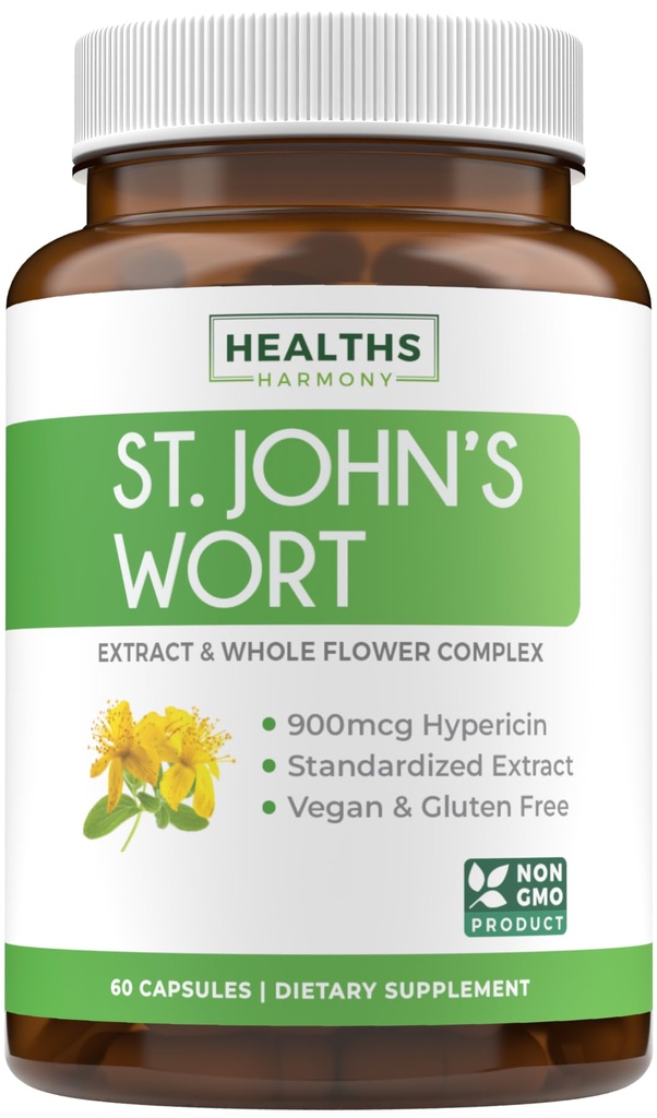 St John's Wort Cápsulas - Extrato de erva de São João poderoso e potente & Complexo de ervas inteiro padronizado para 900mcg Hypericin para balanceamento de suporte diário de humor - Vegan Não-GMO & Lab verificado (60 Caps)