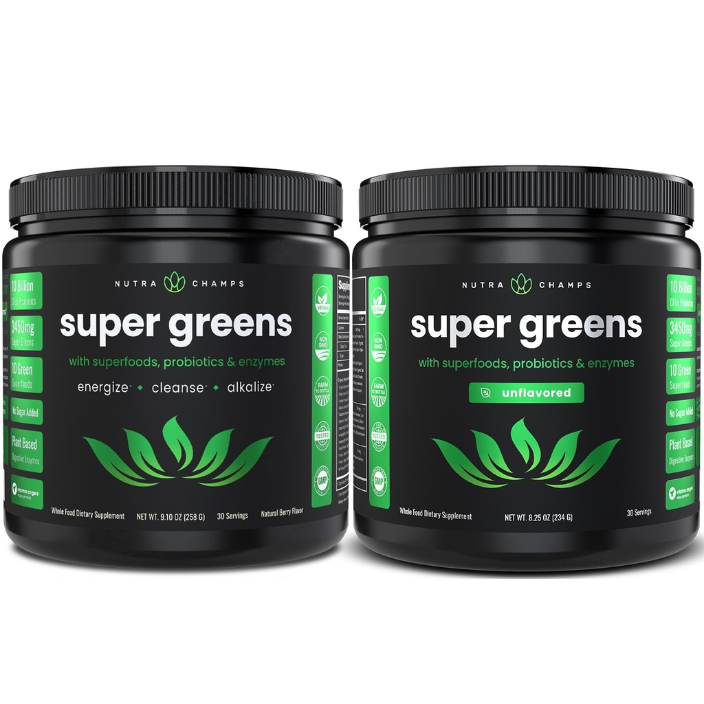 NutraChamps Super Greens Berry & Super Greens Pacote sem sabor - 2 Mês de Fornecimento