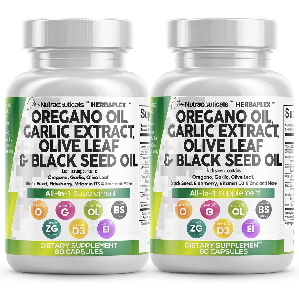 Nutracêuticos limpos Óleo de orégano Extrato de alho Olive Leaf Black Seed Oil - Imune Support & Digestive Health Supplement for Women and Men with Vitamina D3 & Zinc - 2Pack