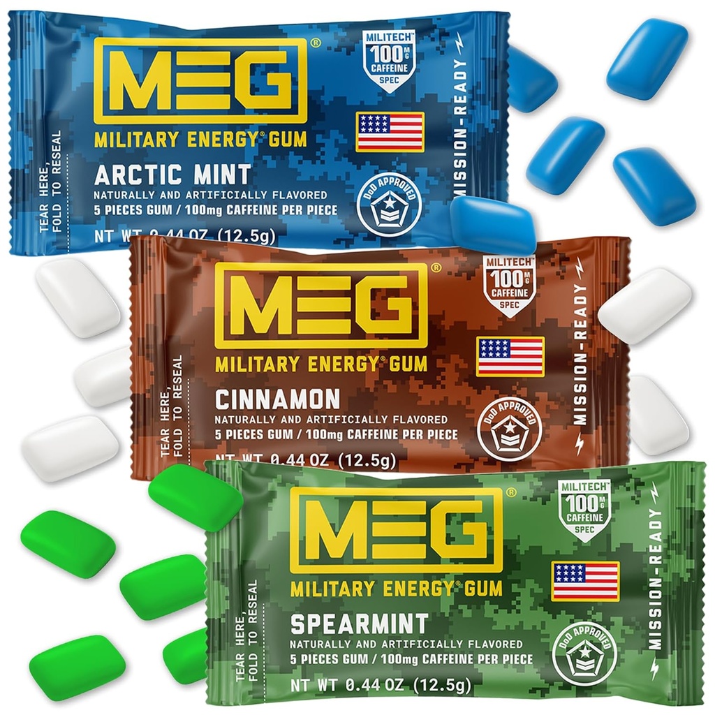 MEG Gum - Gum de energia militar 100mg de cafeína por peça - pacote de amostra de 15 peças - Energia e Foco para aumentar o desempenho