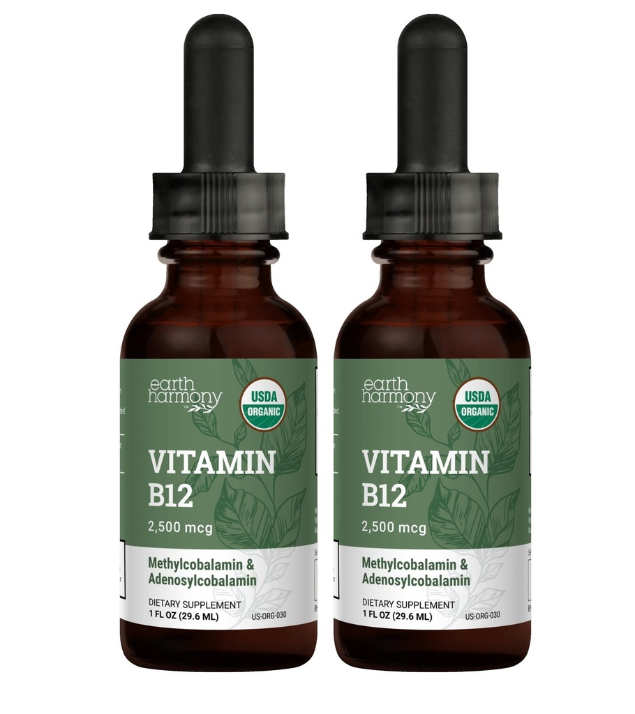 USDA Vitamina B12 2000mcg Suplemento líquido sublingual (2-Pack) - Vegan Metilcobalamina Drops para energia natural, manter o metabolismo, e apoio do sistema imunológico - 1 Fl Oz