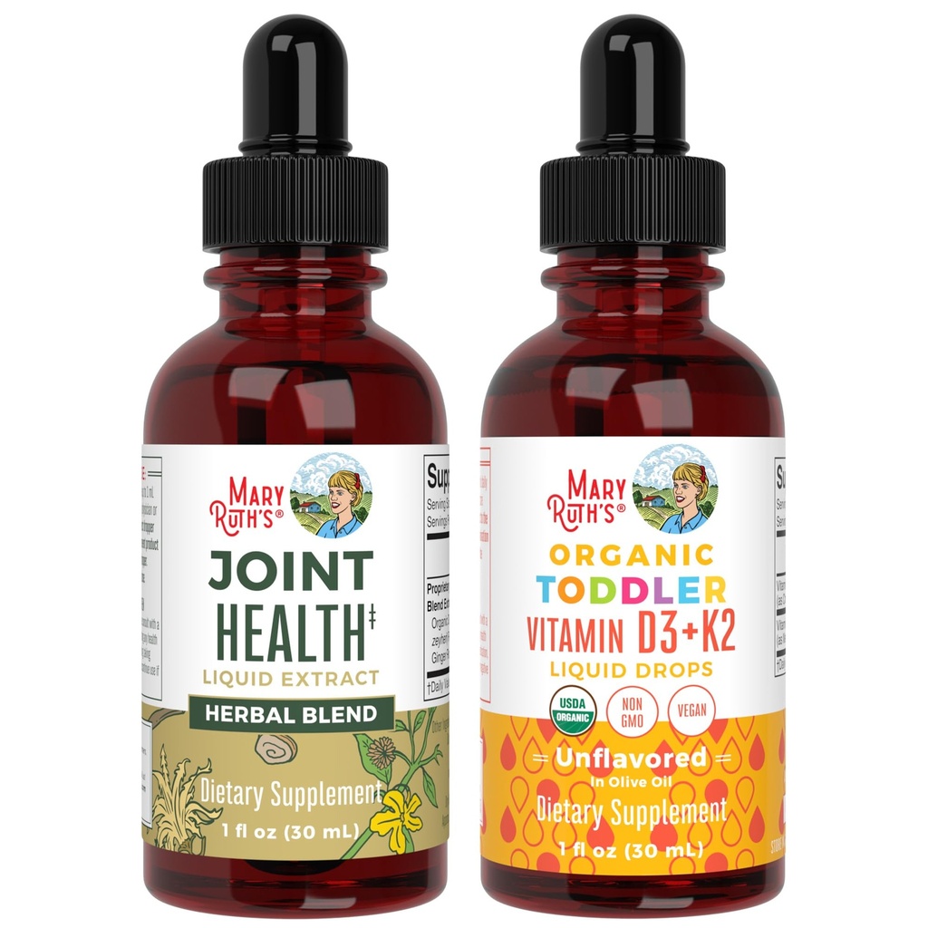 MaryRuth Organics Joint Health Liquid & Vitamina D3+K2 Drops for Toddlers - USDA Organic & Clean Label Project Verified® - Vitaminas para cálcio, articulações e suporte ósseo - Vegan, Non-GMO, Gluten Free