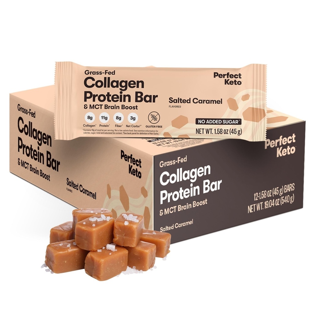 Perfect Keto Bars - Os melhores lanches Keto com colagénio e MCT. Não adicionado de açúcar, Keto Diet Friendly - 3g de carboidratos líquidos, 19g de gordura,11g de proteína - Diet Food Sobremesa (Carmel salgado, 12 Bares)