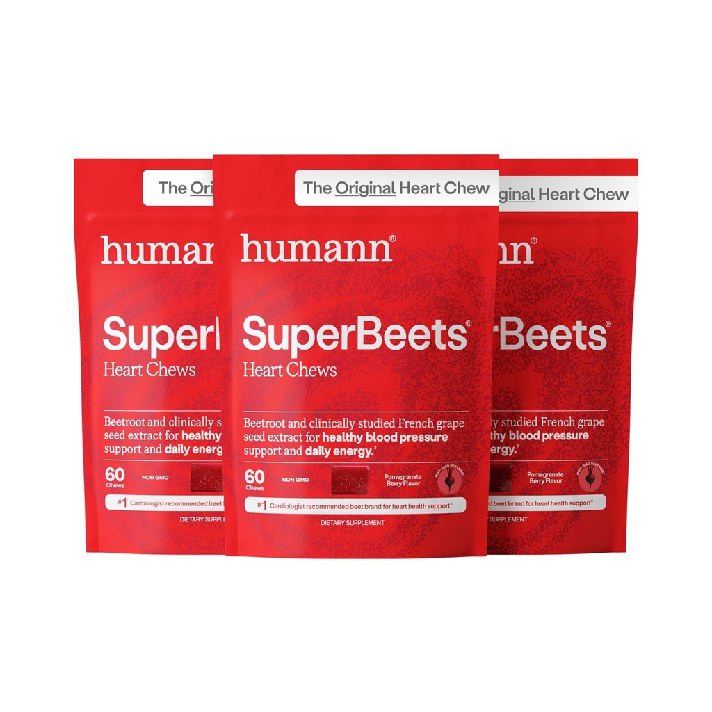 HumanN SuperBeets coração mastiga, óxido nítrico e suporte de pressão sanguínea, extrato de semente de uva e não-GMO Beterraba raiz de energia, Romã sabor Berry, 180 Contagem