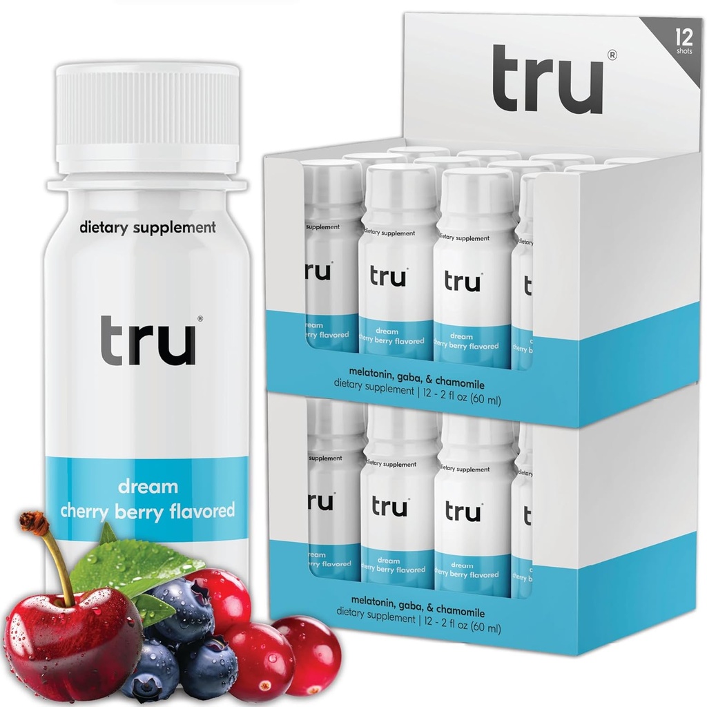 Tru Dream Shot, Cherry Berry Flavored Deep Sleep Aid Shots - Zero Sugar Calm Sleep Drink plus Melatonin, GABA, Camomila - Cafeína Grátis, GF, Keto, Natural Flavors, Vegan Supplement, 2 onças (Pack of 24)