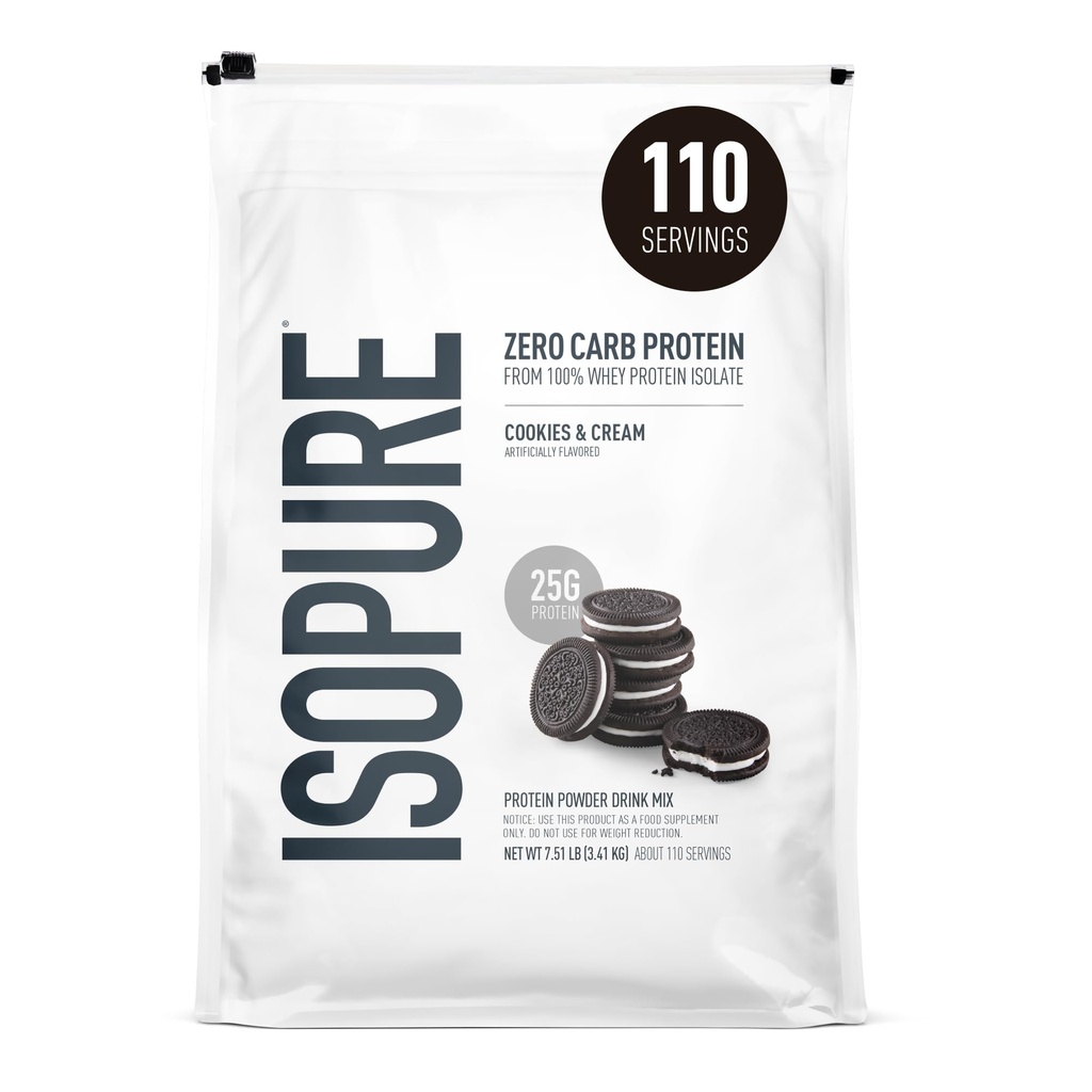 Isopure Zero Carb 100% Puro Whey Isolate Protein Powder, Lactose Free, Gluten Free, com vitaminas, biscoitos e creme, 25g Protein Per Serving, 7,5 Lbs, 110 Servings (Packaging May Vary)