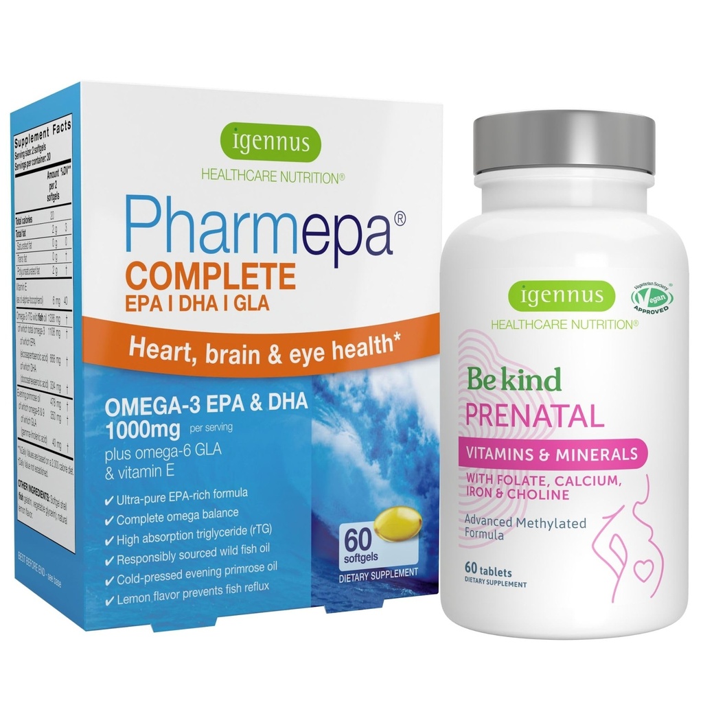 Multivitamínico pré-natal avançado & Pharmepa completo EPA DHA rTG Omega 3 1000mg Pacote de suporte à gravidez, por Igennus