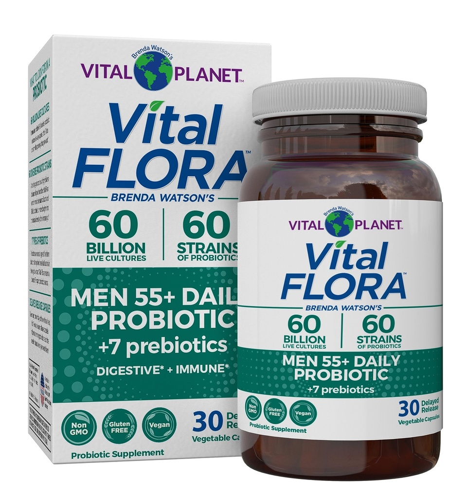 Vital Planet - Vital Flora Men 55+ Daily Probiotic, 60 Billion CFU, 60 Diverse Strains, 7 Organic Prebiotics, Immune Support, Gas Relief, Colon and Digestive Health Probiotics for Men 30 Capsules