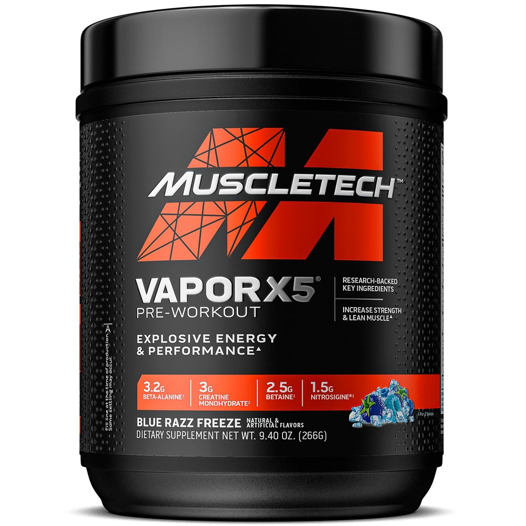MuscleTech Pré-Trabalho Pó, Vapor X5 - Sports Nutrition Muscle Building Supplements for Women & Men - Intense Muscle Pump Energy Powder Drink Mix - Blue Razz Freeze, 266g (30 Servings)