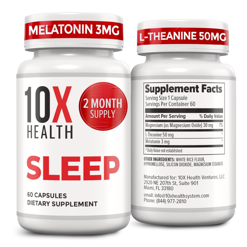 10X Health Sleep Supplements for Adults - 60 Cápsulas - Melatonina 3mg, L Theanina, Magnésio Supplement, Magnésio Óxido para repouso profundo, melhor e relaxamento - 3-em-1 Natural Sleep Support