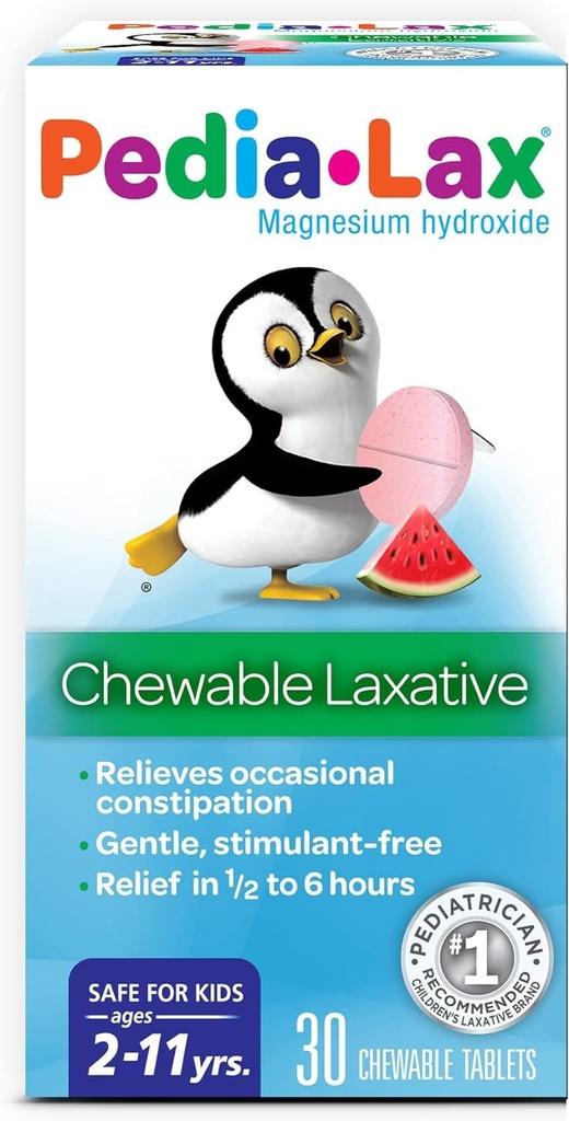 Comprimidos Mastigáveis Laxantes Pedia-Lax para Crianças, Idades 2-11, Sabor de Melancia, 30 CT