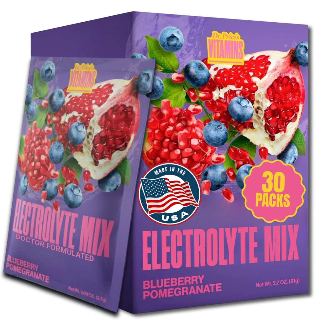 Dr. Price Vitaminas Eletrolyte Mix Supplement Powder, 72 Minerais Trace, Potássio, Sódio, Substituição de Eletrolito Keto Bebine □ Blueberry-Pomegranate 30 Packets