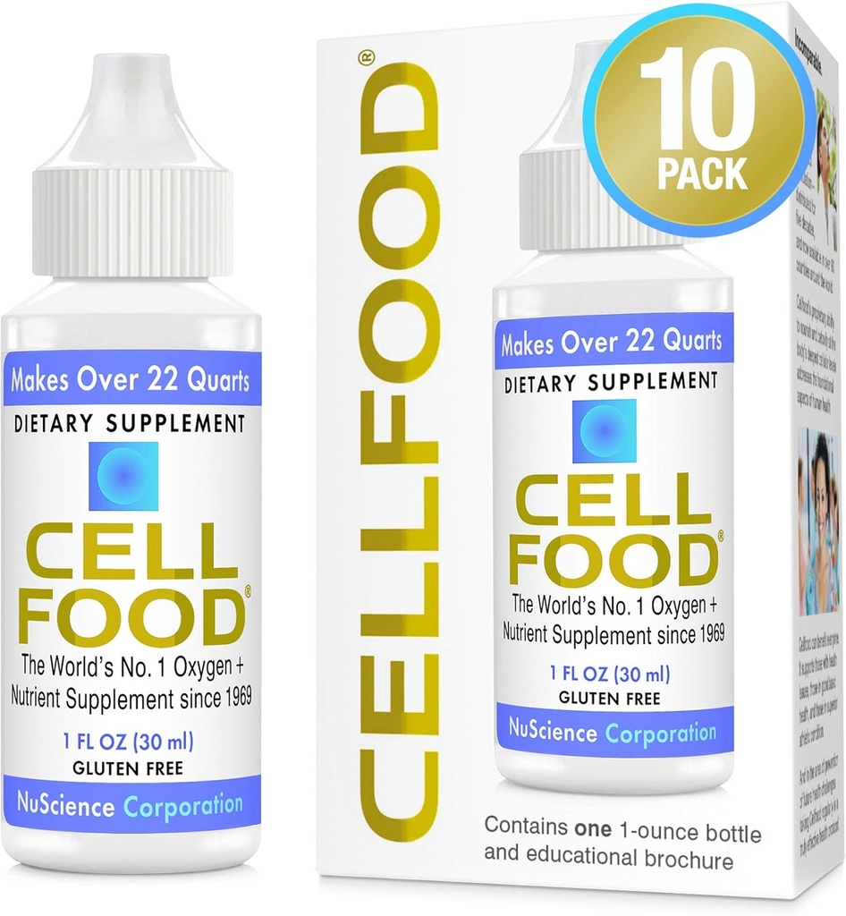Cellfood Oxygen Boost - 1 fl oz, 10 Pack - Suplemento de Oxigênio Líquido para Drenagem Linfática, Doença de Altitude, Jet Lag, Fadiga, Dores de cabeça e Energia - Gluten Free, Cert. Kosher