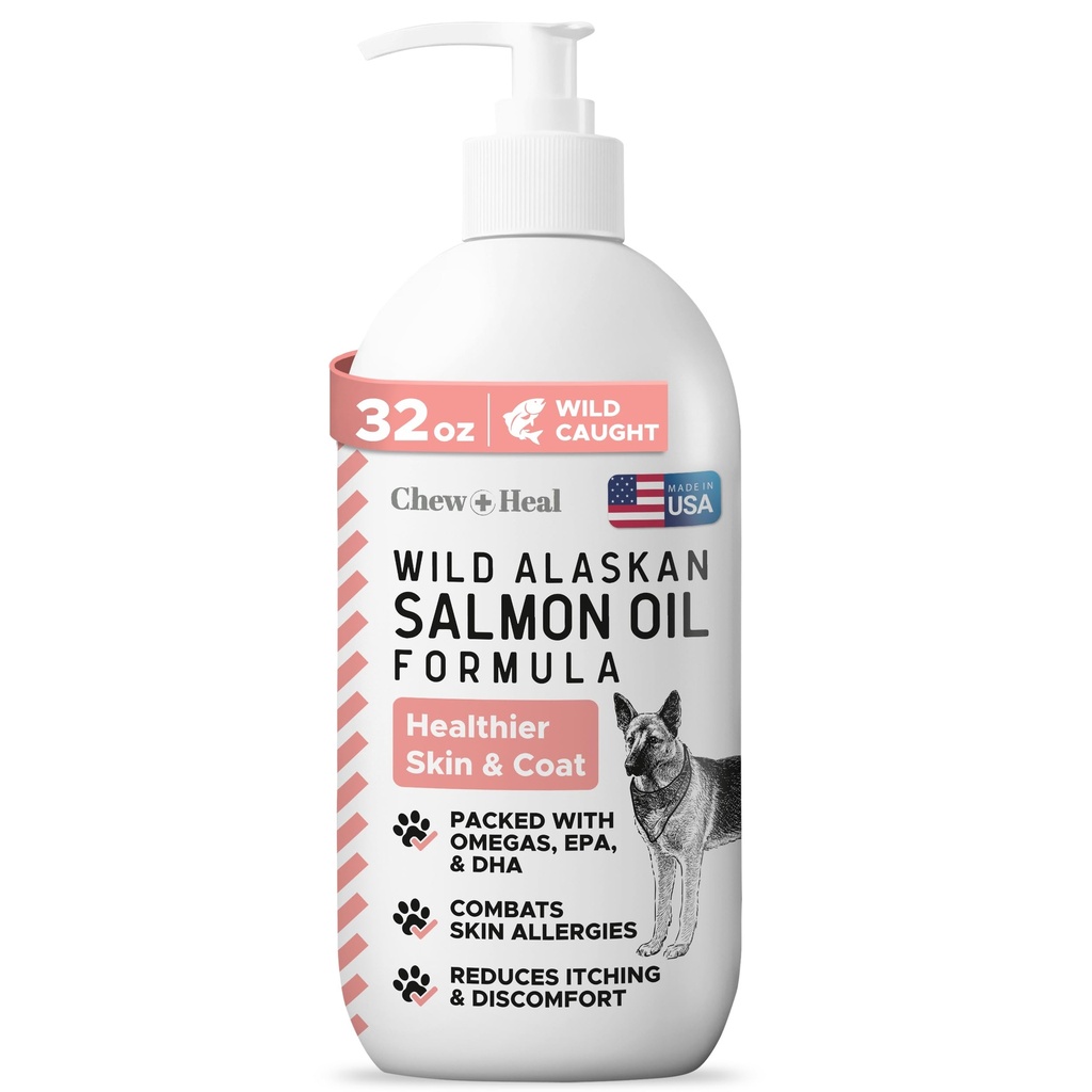 Wild Alaskan Salmon Fish Oil para cães - 32 onças. de Fórmula de óleo de peixe - garrafa de tampa de bomba - contém Omega-3 e 6, vitamina D, EPA, e DHA para pele saudável e casaco