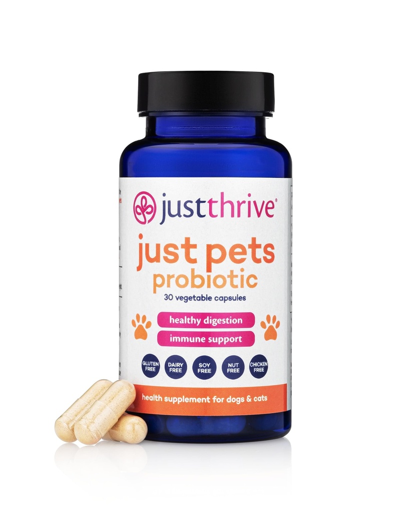 Just Thrive Just Pets Probiótico - Probióticos Digestivos Diários para Cães e Gatos - 4 Bilhões UFCs Pet Probiótico, 30 Cápsulas