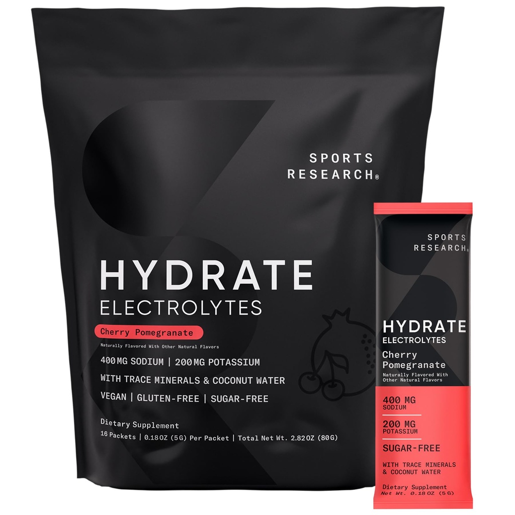 Pesquisa Desportiva Eletrolíticos Hidratos Powder Packets - Livre de açúcar e naturalmente saboreado com vitaminas, minerais e água de coco - Suporta a hidratação - 16 Packets - Romã de Cereja