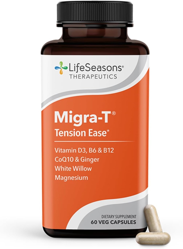 LifeSeasons Migra-T com alívio-R PM - Migraine Prevention & Relief Supplement - Suporta dores de cabeça severas - Reduz som leve e sensibilidade ao odor - Feverfew, White Willow, Magnésio Ginger & CoQ10