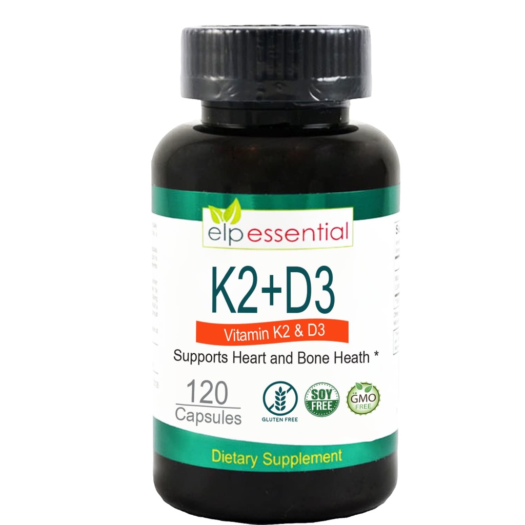 ELP ESSENCIAL Vitamina K2 com suplemento D3 Saúde óssea e cardíaca, cápsulas K2 + D3 Vitaminas 120 Cápsulas