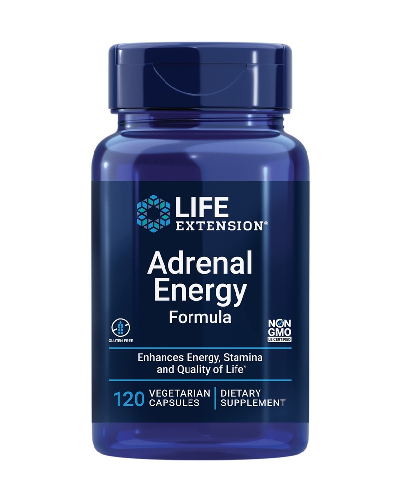 Life Extension Adrenal Energy Formula, Ajuda a inibir os efeitos do estresse, santo Basil, cordyceps, bacopa e ashwagandha, Gluten Free, Non-GMO, Vegetarian, 120 Cápsulas